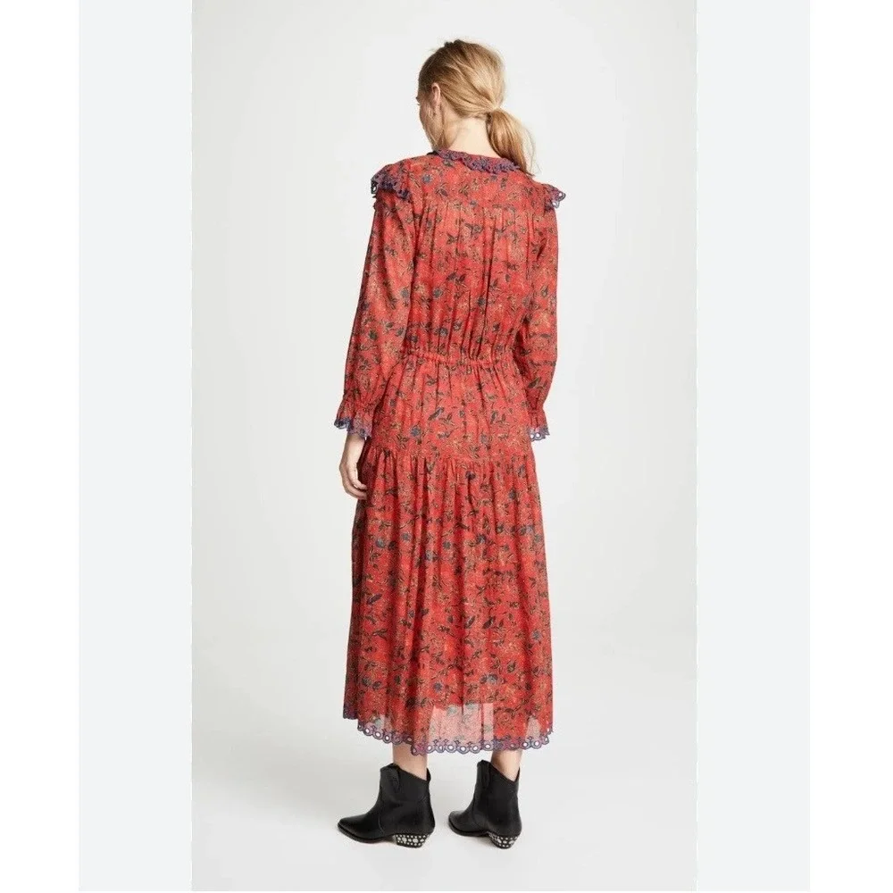 Isabel Marant Etoile Elina Floral Tiered Ruffle‎ Cinched Waist Midi Dress Red 12